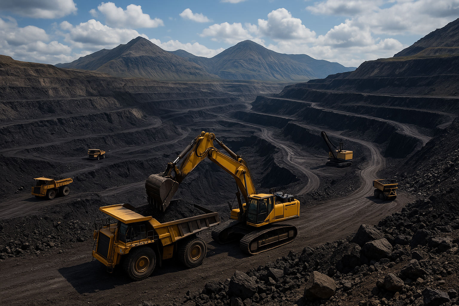 Coal mining operations with excavators and dump trucks in an open-pit mine